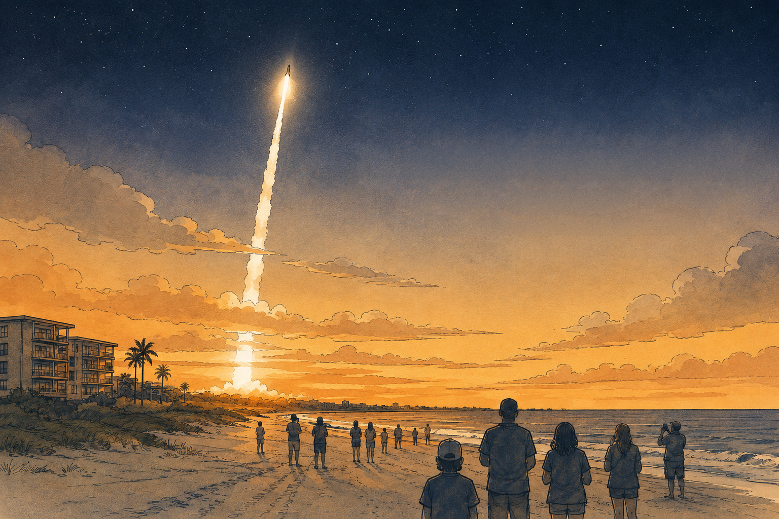 People watching a rocket launch on a Florida Space Coast beach